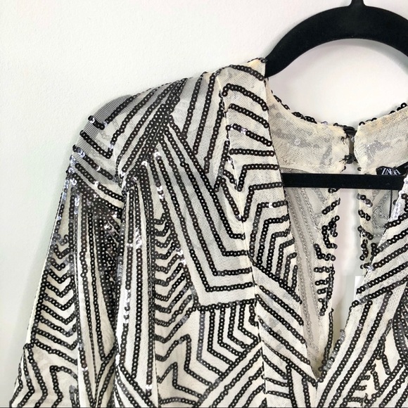 ⚜️NWT Zara sequin wrap crossover geometric Art Deco bodysuit with balloon sleeve - Picture 3 of 5